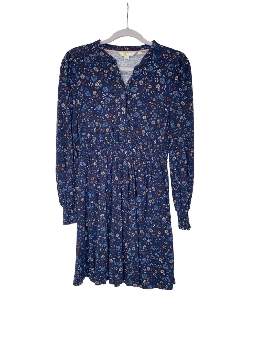Boden Blue Ditsy Floral Smocked Waist‎ Dress - Long Sleeve Button Front - Size 6